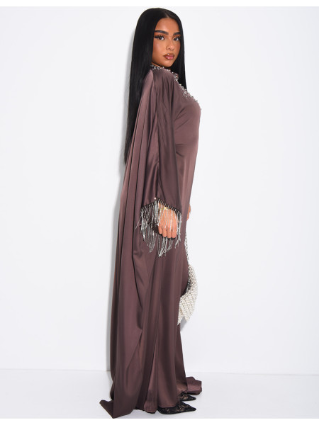 Abaya premium en satin ornée de strass & franges