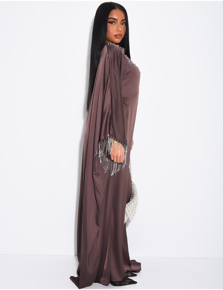 Abaya premium en satin ornée de strass & franges