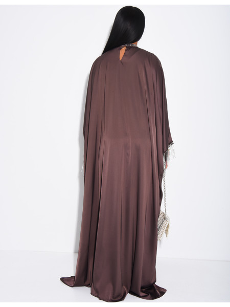 Abaya premium en satin ornée de strass & franges