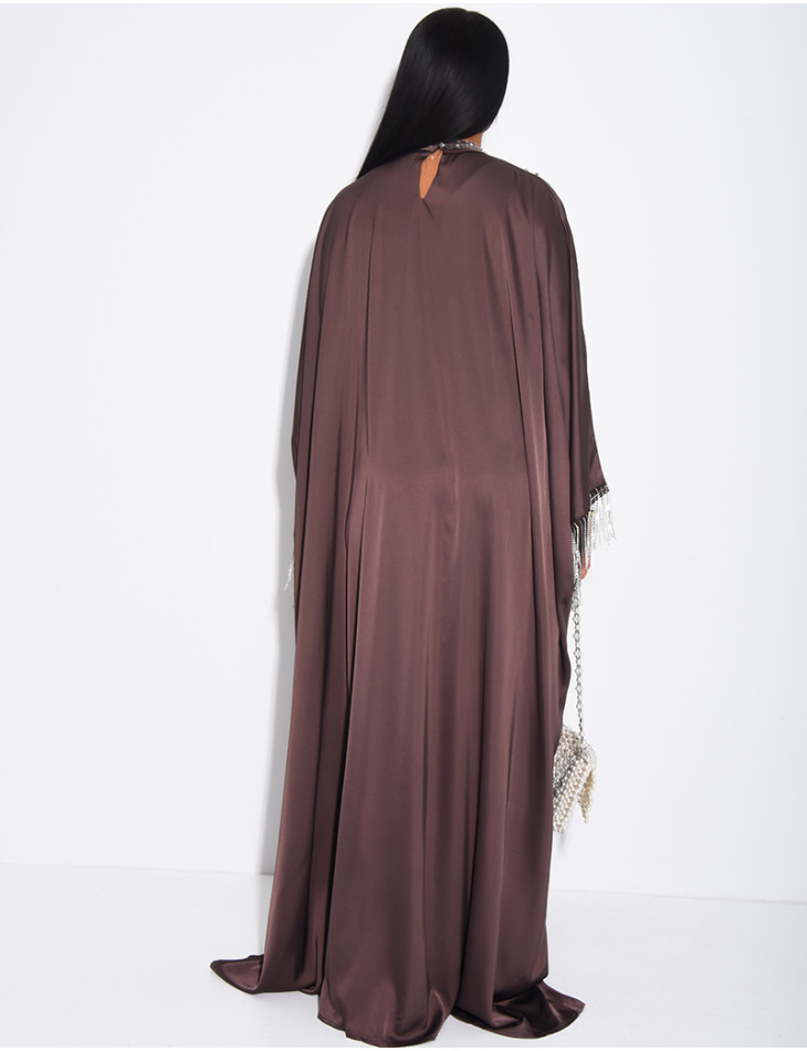 Abaya premium en satin ornée de strass & franges