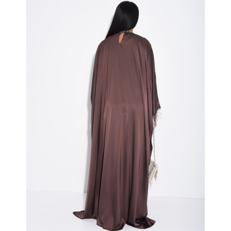 Abaya premium en satin ornée de strass & franges
