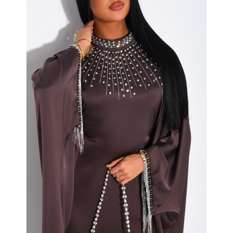 Abaya premium en satin ornée de strass & franges