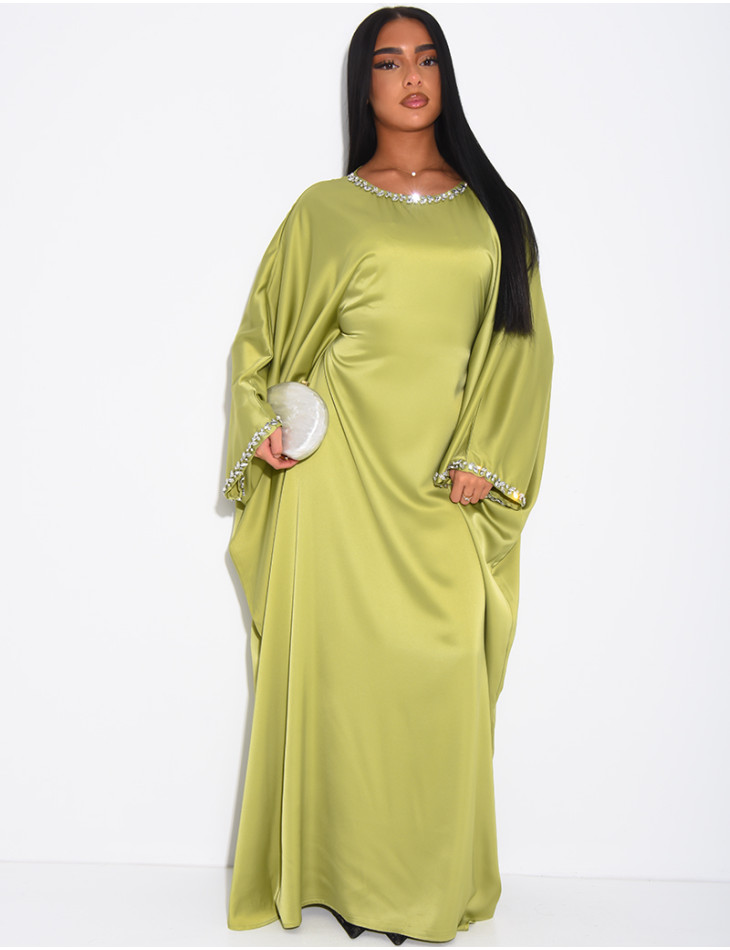 Satin butterfly abaya embellished with crystals at the collar and on the sleeves