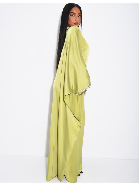 Satin butterfly abaya embellished with crystals at the collar and on the sleeves