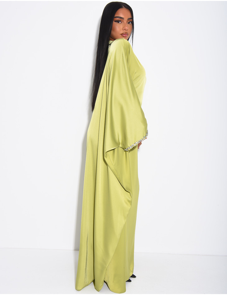 Satin butterfly abaya embellished with crystals at the collar and on the sleeves