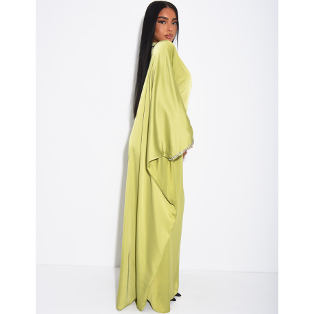 Satin butterfly abaya embellished with crystals at the collar and on the sleeves