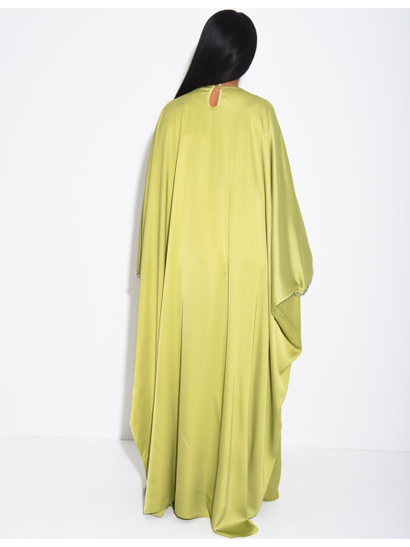 Satin butterfly abaya embellished with crystals at the collar and on the sleeves