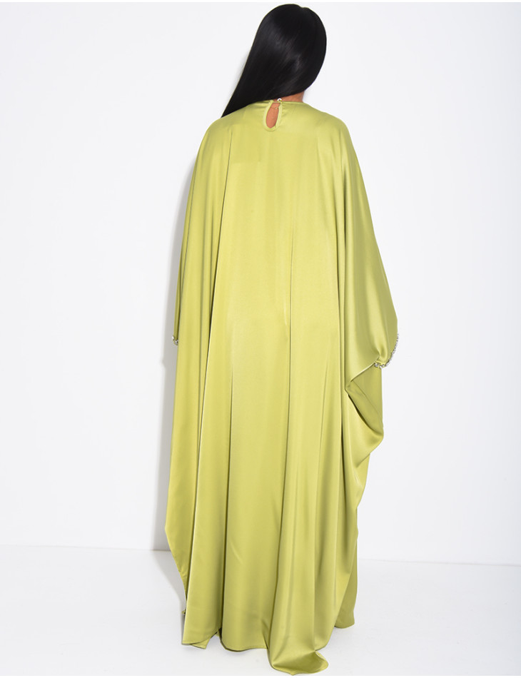 Satin butterfly abaya embellished with crystals at the collar and on the sleeves