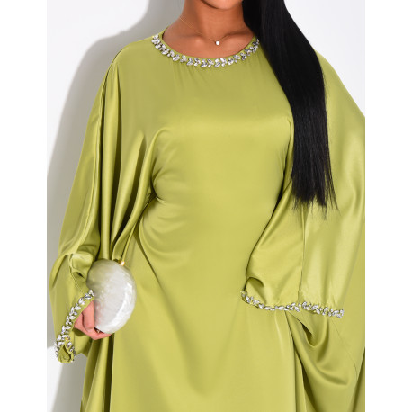 Satin butterfly abaya embellished with crystals at the collar and on the sleeves