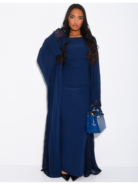 Ensemble robe sans manche et kimono à bordures en dentelle