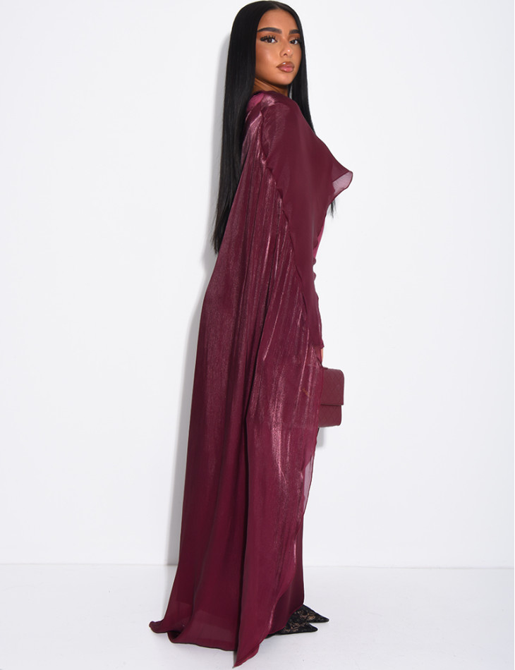 Thick satin dress and iridescent voile cape set