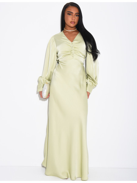 Long, draped dress in premium satin with buttons