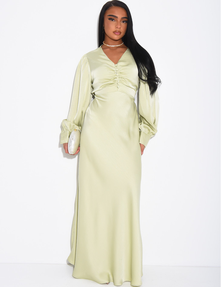 Long, draped dress in premium satin with buttons