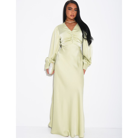 Long, draped dress in premium satin with buttons