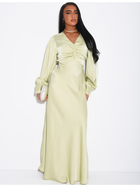Long, draped dress in premium satin with buttons
