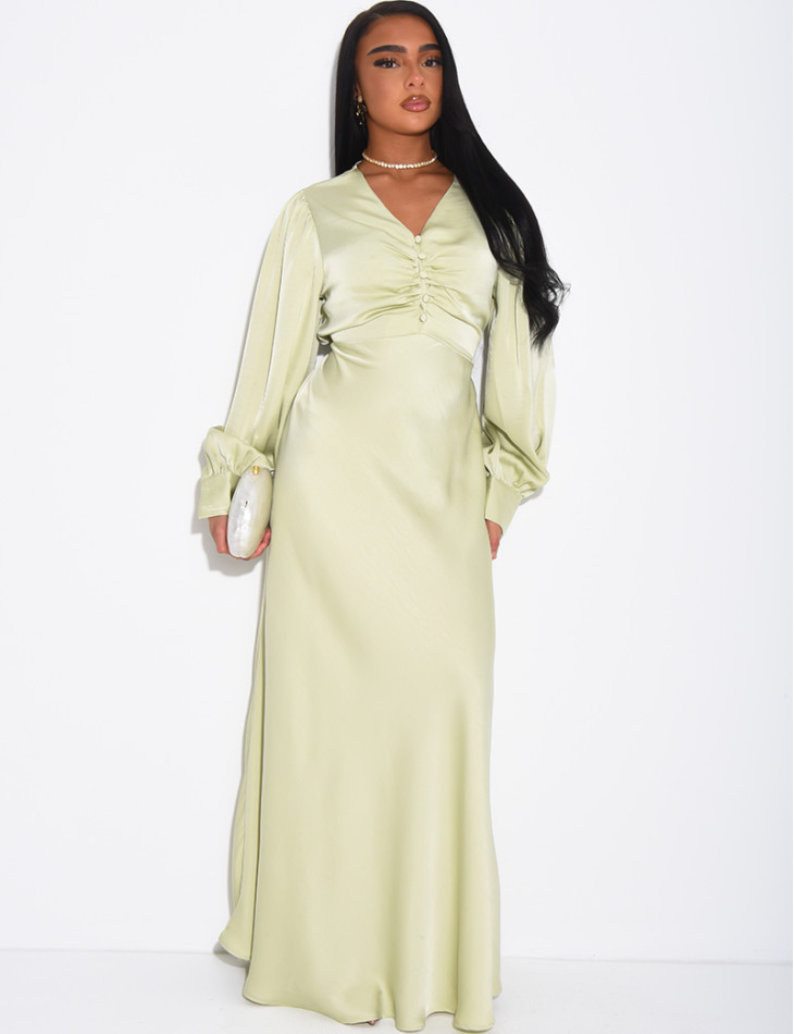 Long, draped dress in premium satin with buttons
