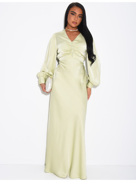 Long, draped dress in premium satin with buttons
