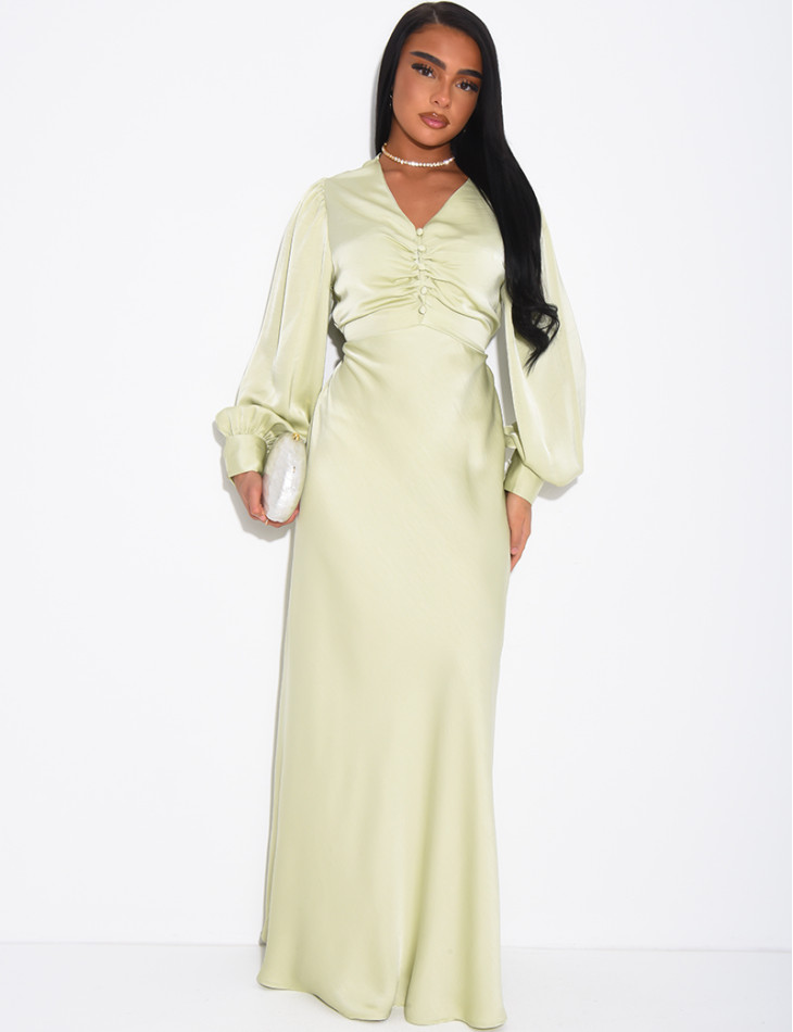 Long, draped dress in premium satin with buttons
