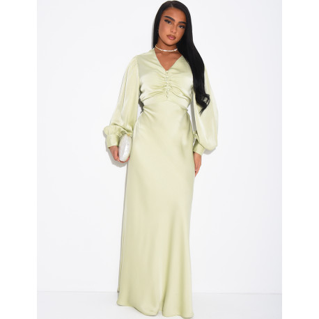 Long, draped dress in premium satin with buttons