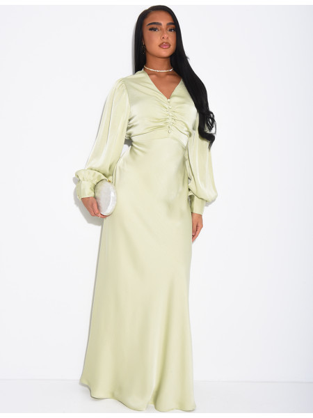 Long, draped dress in premium satin with buttons