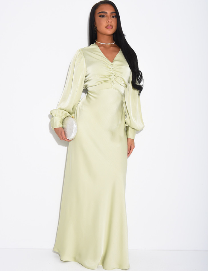 Long, draped dress in premium satin with buttons