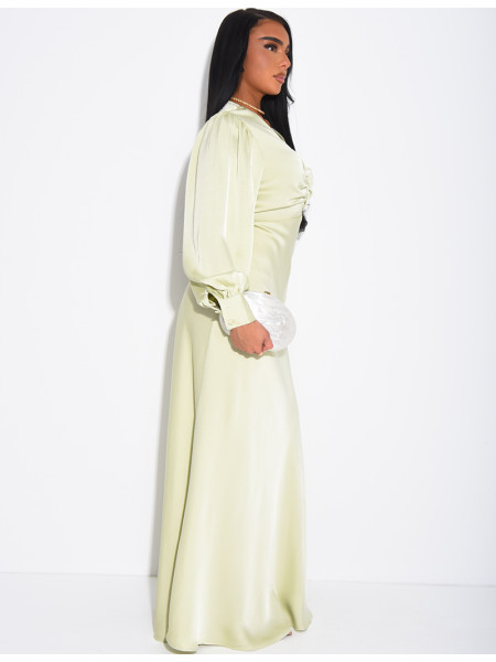Long, draped dress in premium satin with buttons