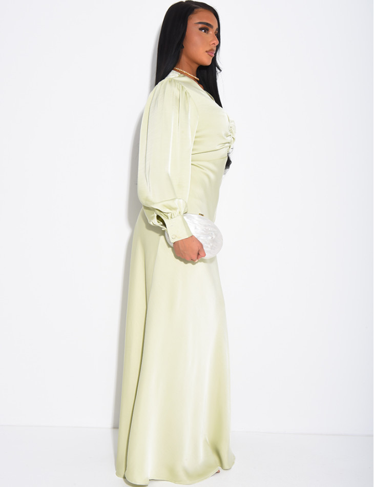 Long, draped dress in premium satin with buttons
