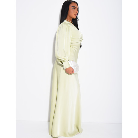 Long, draped dress in premium satin with buttons