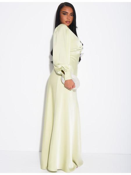 Long, draped dress in premium satin with buttons