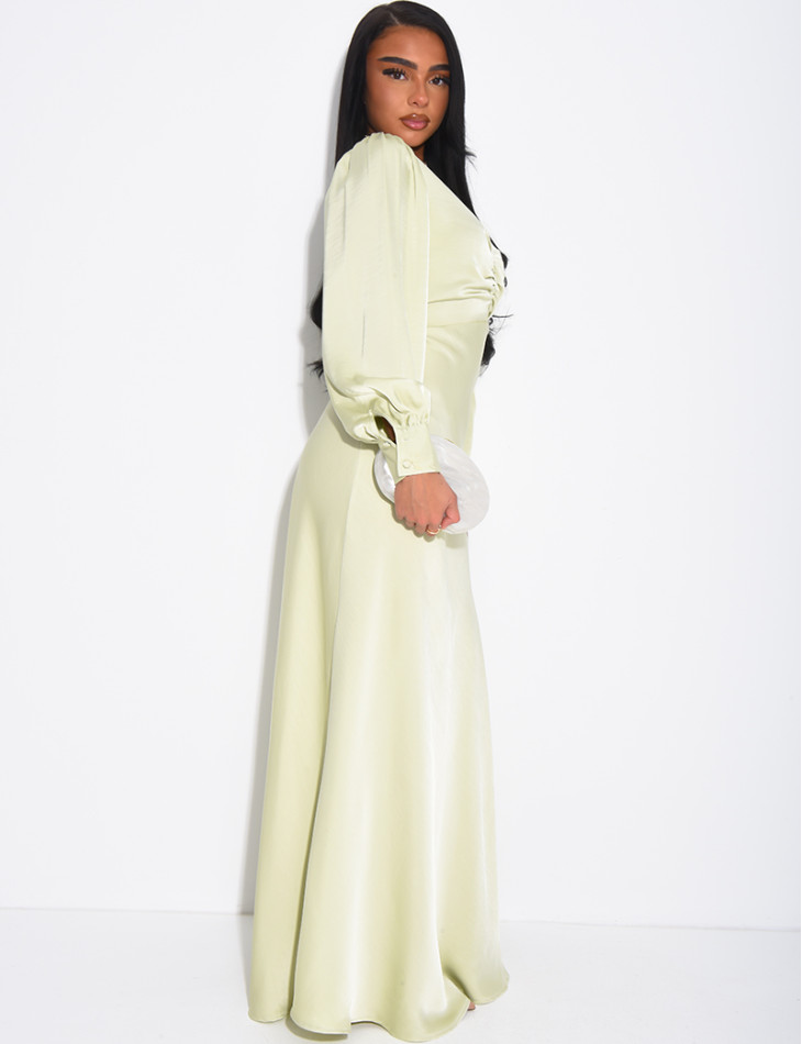Long, draped dress in premium satin with buttons