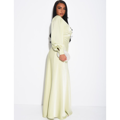 Long, draped dress in premium satin with buttons