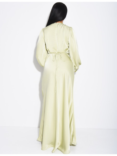 Long, draped dress in premium satin with buttons