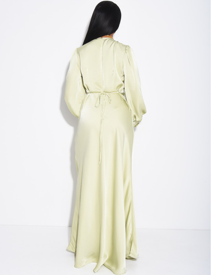 Long, draped dress in premium satin with buttons