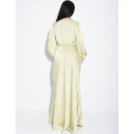 Long, draped dress in premium satin with buttons