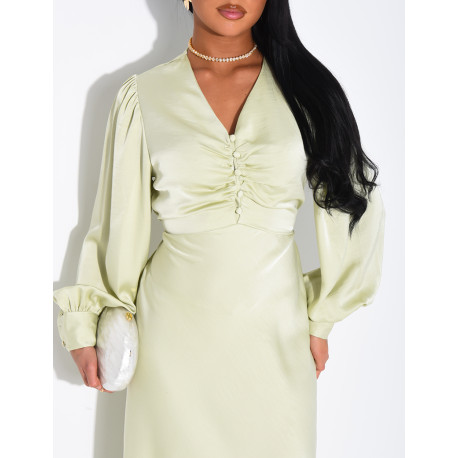Long, draped dress in premium satin with buttons