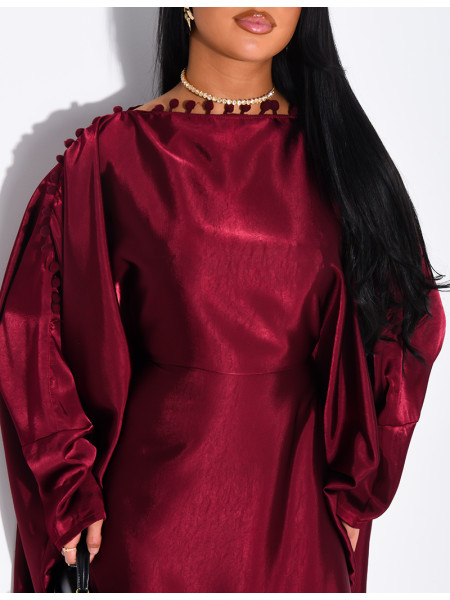 Satin butterfly abaya with pom-poms on the collar