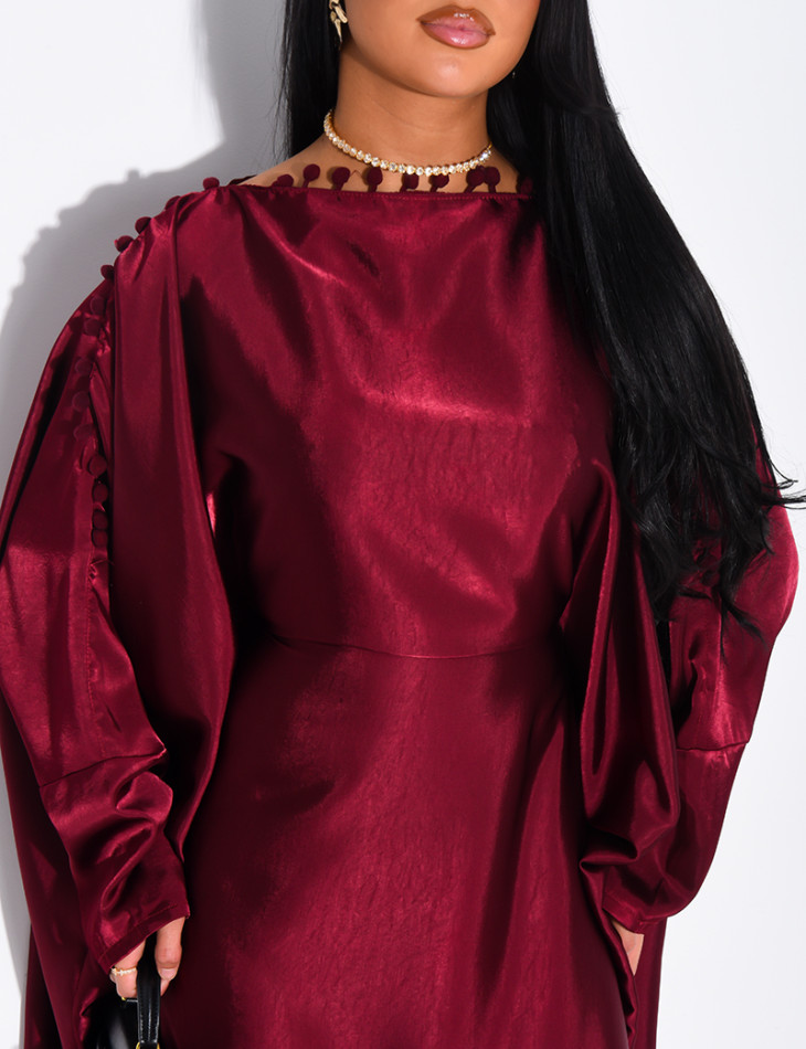 Satin butterfly abaya with pom-poms on the collar
