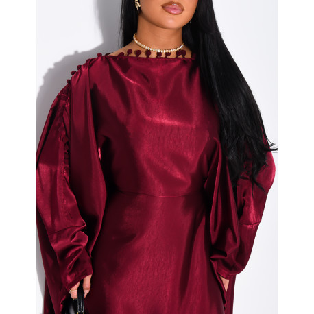 Satin butterfly abaya with pom-poms on the collar