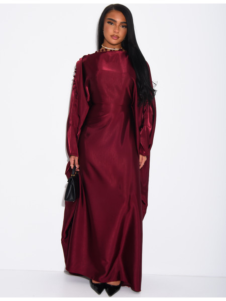 Satin butterfly abaya with pom-poms on the collar