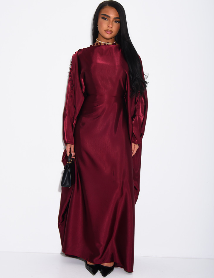 Satin butterfly abaya with pom-poms on the collar