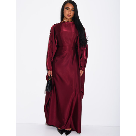 Satin butterfly abaya with pom-poms on the collar