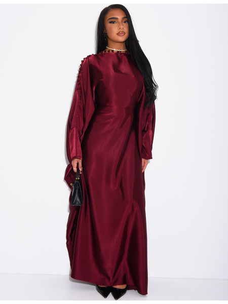Satin butterfly abaya with pom-poms on the collar