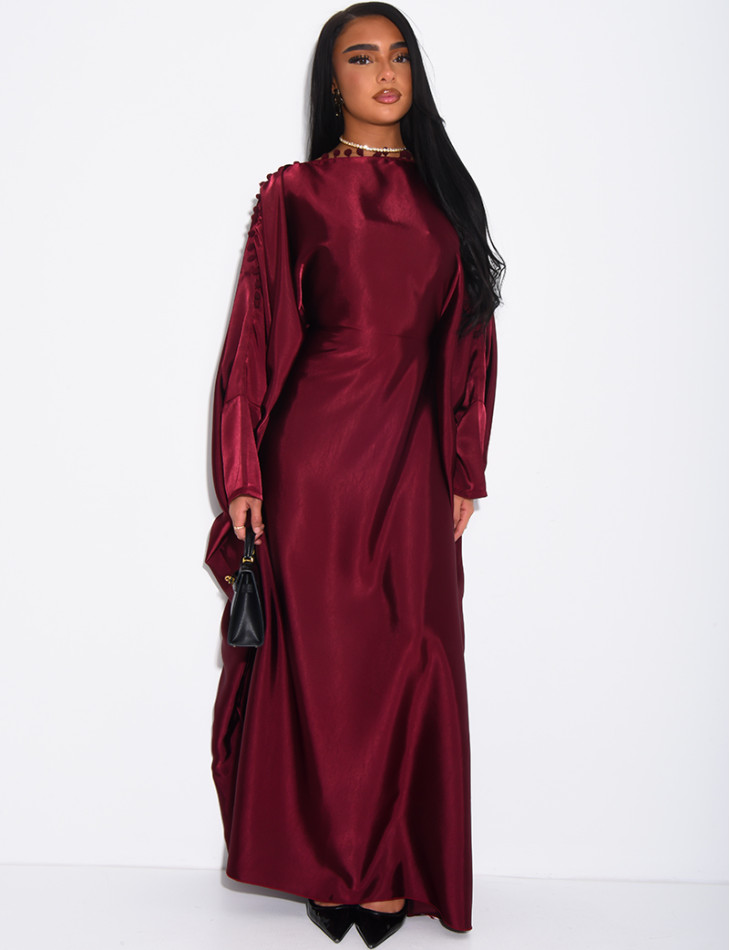 Satin butterfly abaya with pom-poms on the collar