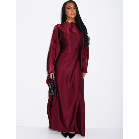 Satin butterfly abaya with pom-poms on the collar