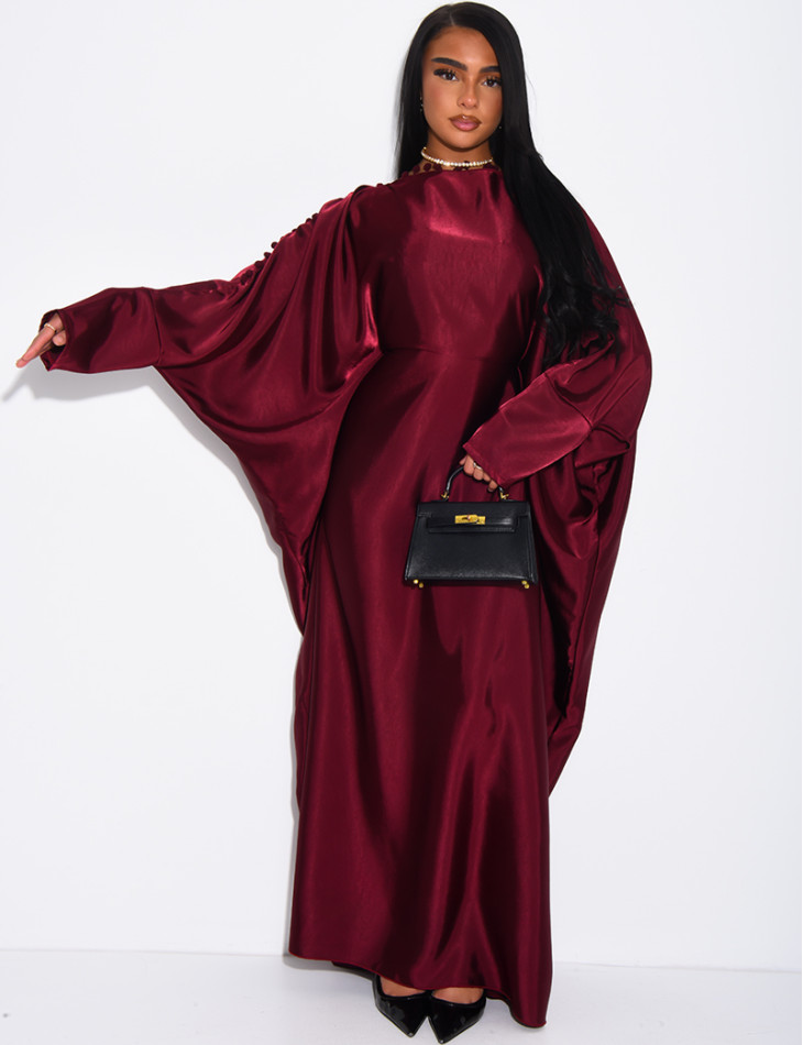 Satin butterfly abaya with pom-poms on the collar