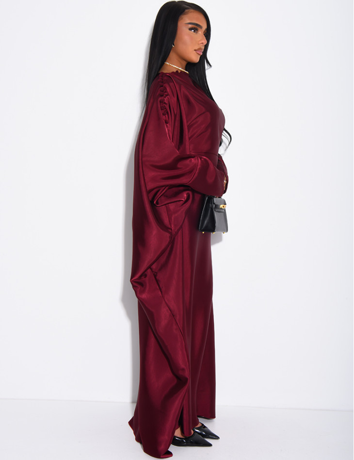 Satin butterfly abaya with pom-poms on the collar