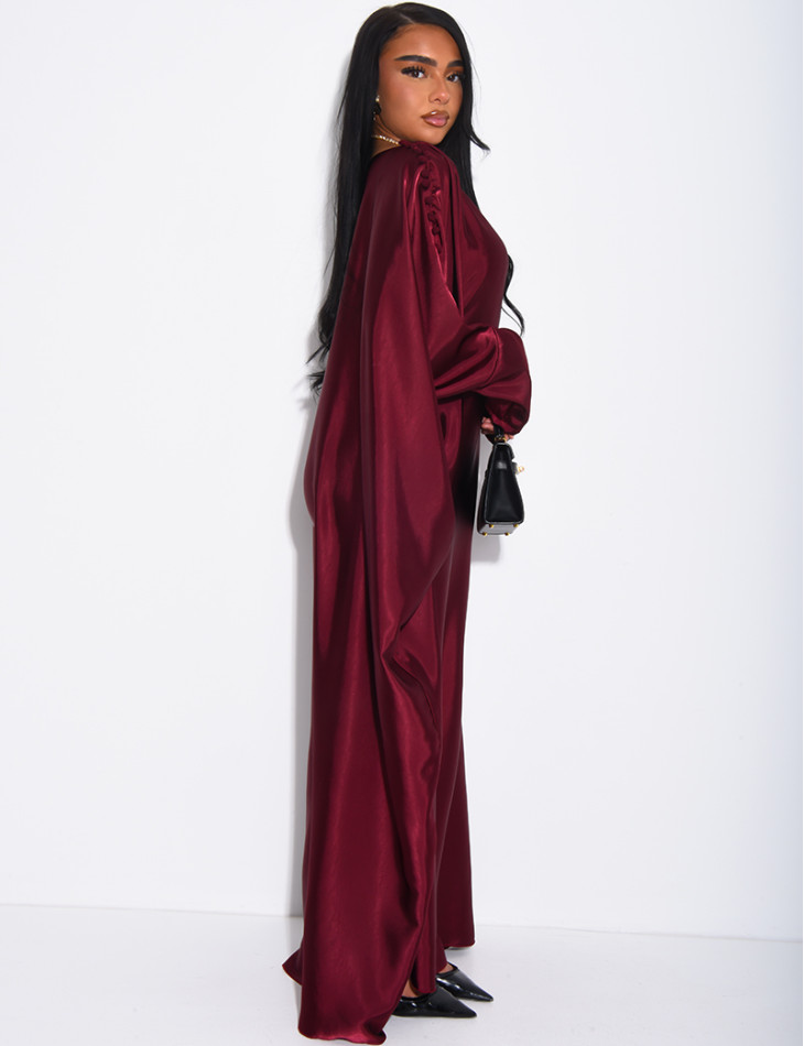 Satin butterfly abaya with pom-poms on the collar