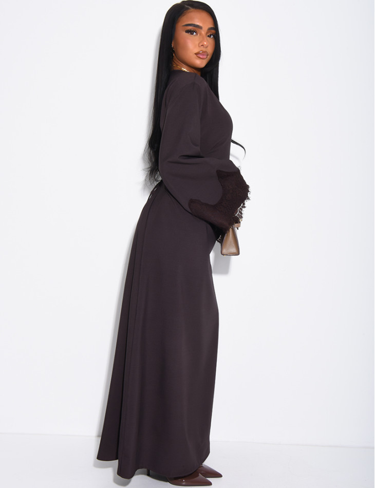 Long dress with a tie-back detail and lace trim