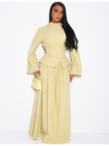 Long, full-skirted set with a fitted button-down top