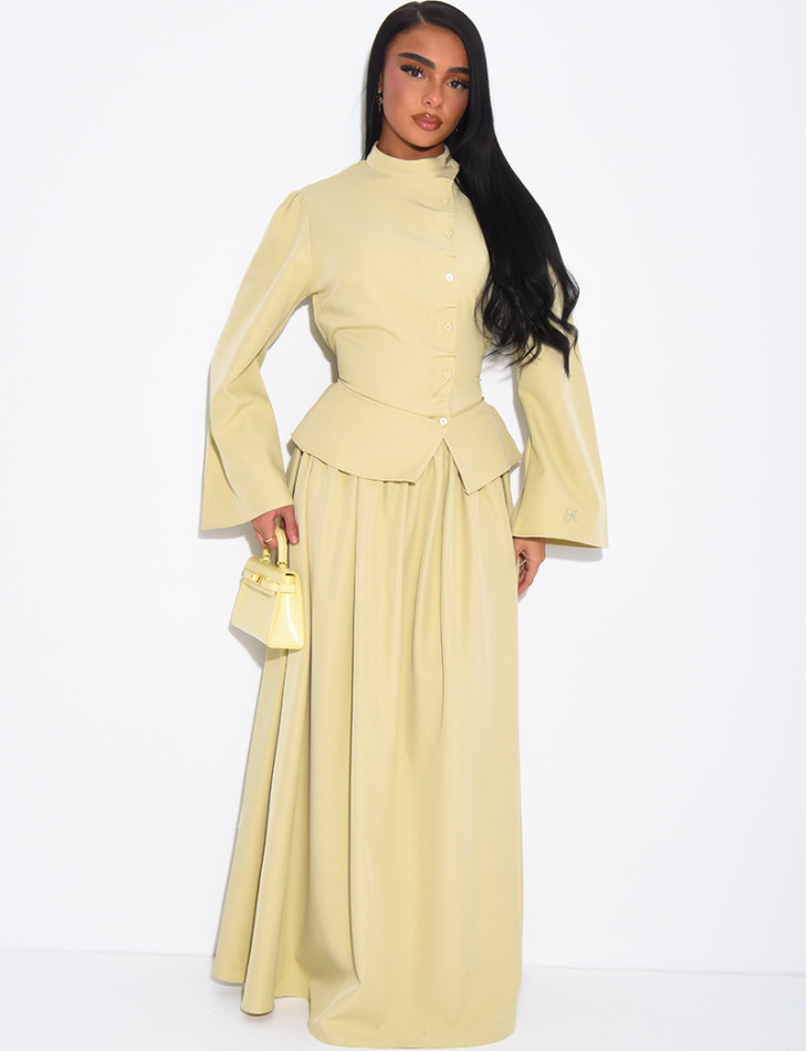 Long, full-skirted set with a fitted button-down top